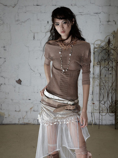 Pink-Brown Star V-Neck Knit Top with Hollow Out - NO ROMANCE