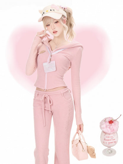 Hooded Jacket Pink Fitted Long Sleeve Bear Embroidery - serendipity