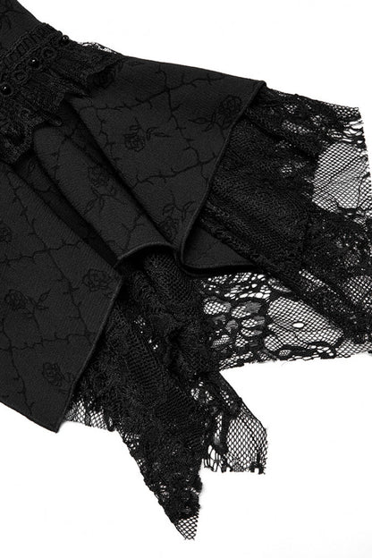 Black Square Neck Long Trumpet Sleeves Rose Print Lace Elegant Gothic Dress