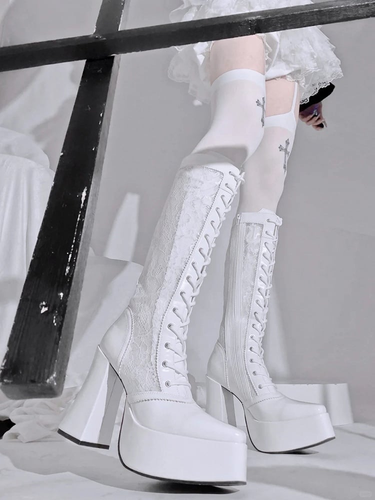 ゴシックホワイトフロントレースアップタイレースプラットフォームハイブロックヒールニーハイブーツ