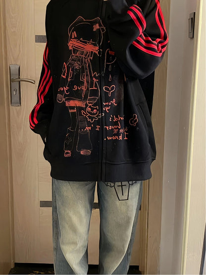 with Jacket Cartoon Red Graphics Black Striped Regular/Thicken