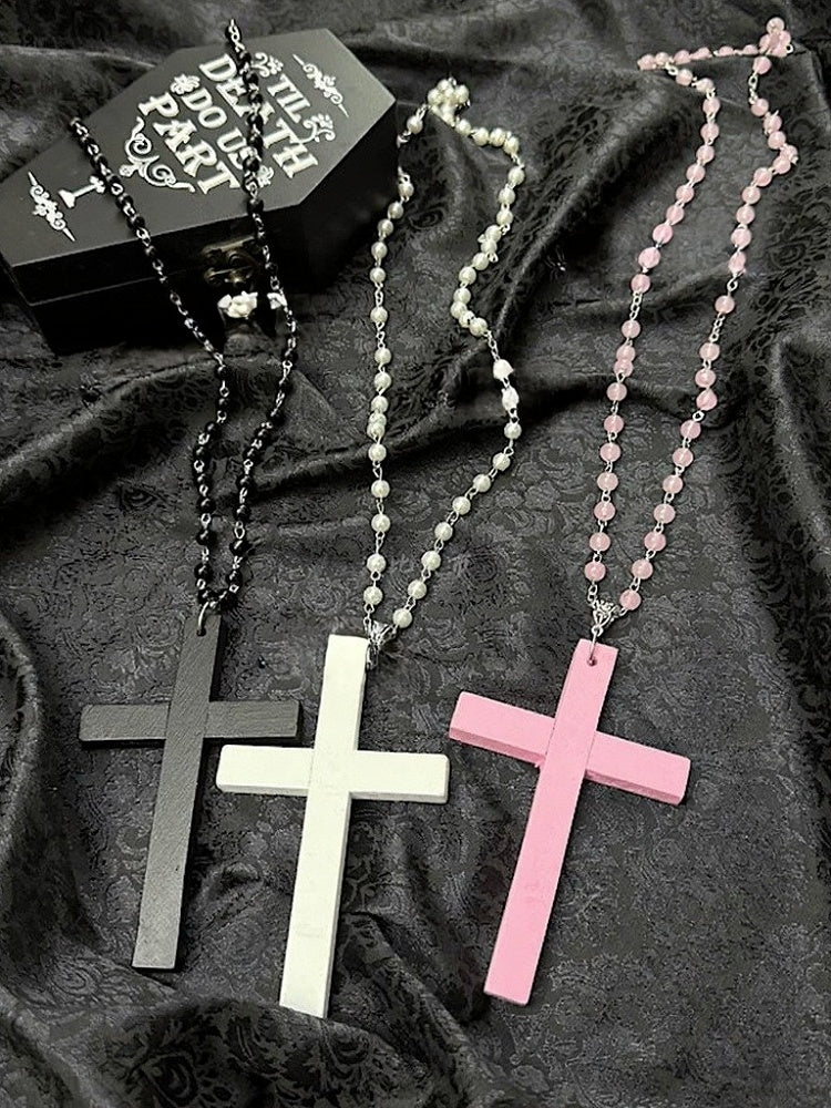 Gothic Y2K Beaded Necklace with Cross - Boobi Shop