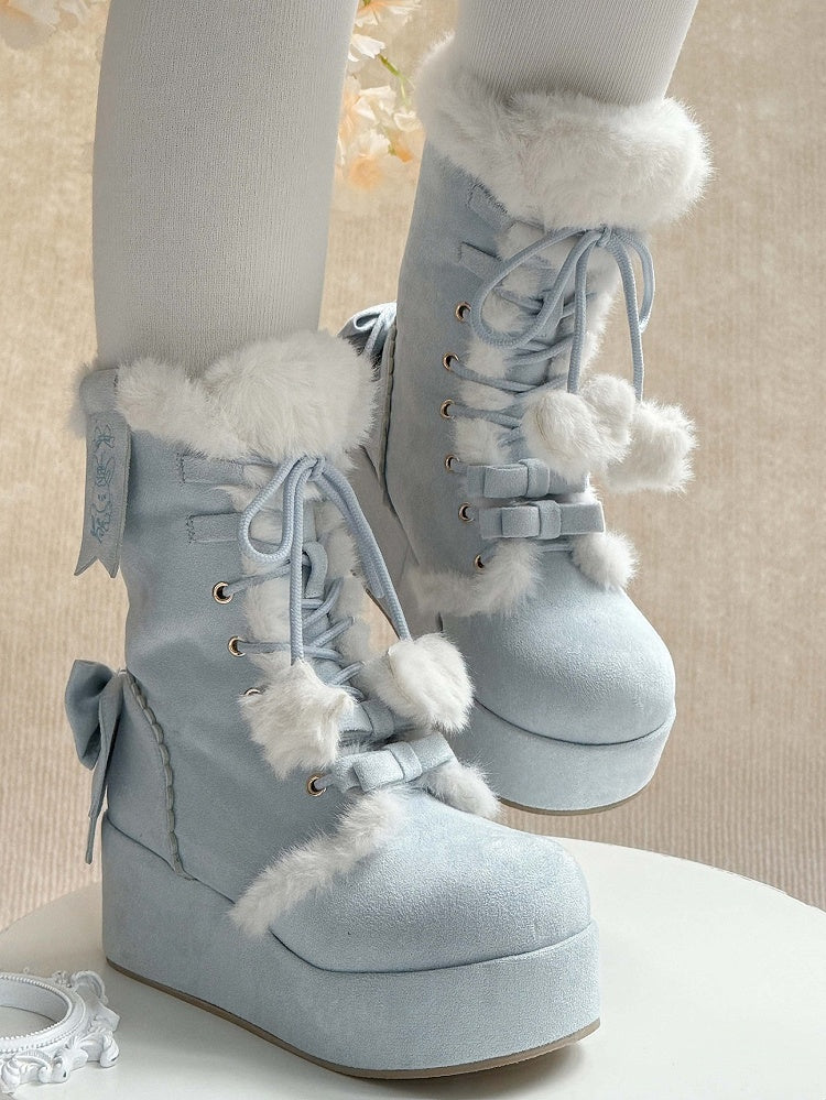 Interior Plush Boots - 4cm Platform Sole Sweet For Lolita Blue Snow with