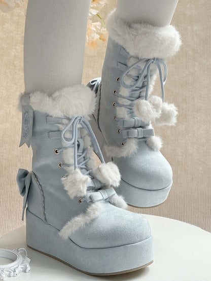 Interior Plush Boots - 4cm Platform Sole Sweet For Lolita Blue Snow with