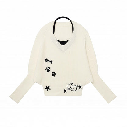 Apricot Two-Piece Look Batwing Sleeve Sweater with Kitten Themed Embroidery - Languid Park