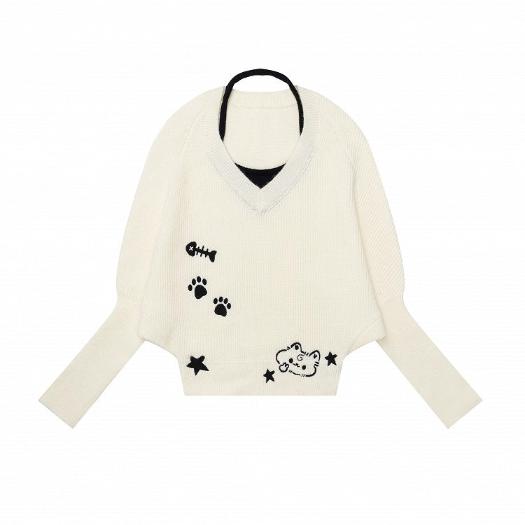 Apricot Two-Piece Look Batwing Sleeve Sweater with Kitten Themed Embroidery - Languid Park