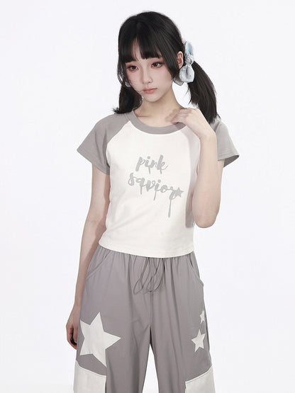 Short Sleeve Letter Print Tee in Gray and White - PINK SAVIOR