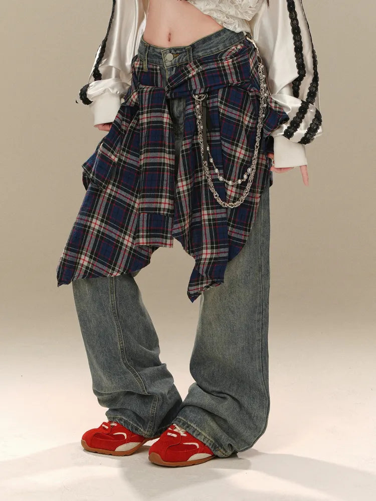 for S Accessory with Cut - Plaid Clearance Waist Wide-leg 64CM Jeans Size Blue