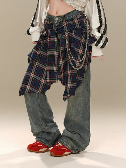 für S Accessoire mit Schnitt - Plaid Clearance Taille Weites Bein 64CM Jeans Größe Blau