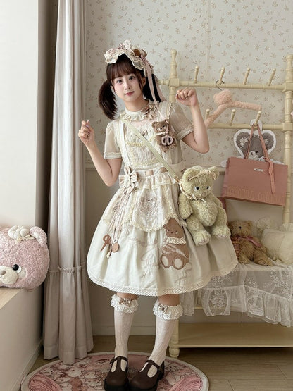 Lolita Dropped Embroidery Teddy Sweet with Green Bear Dress Waist