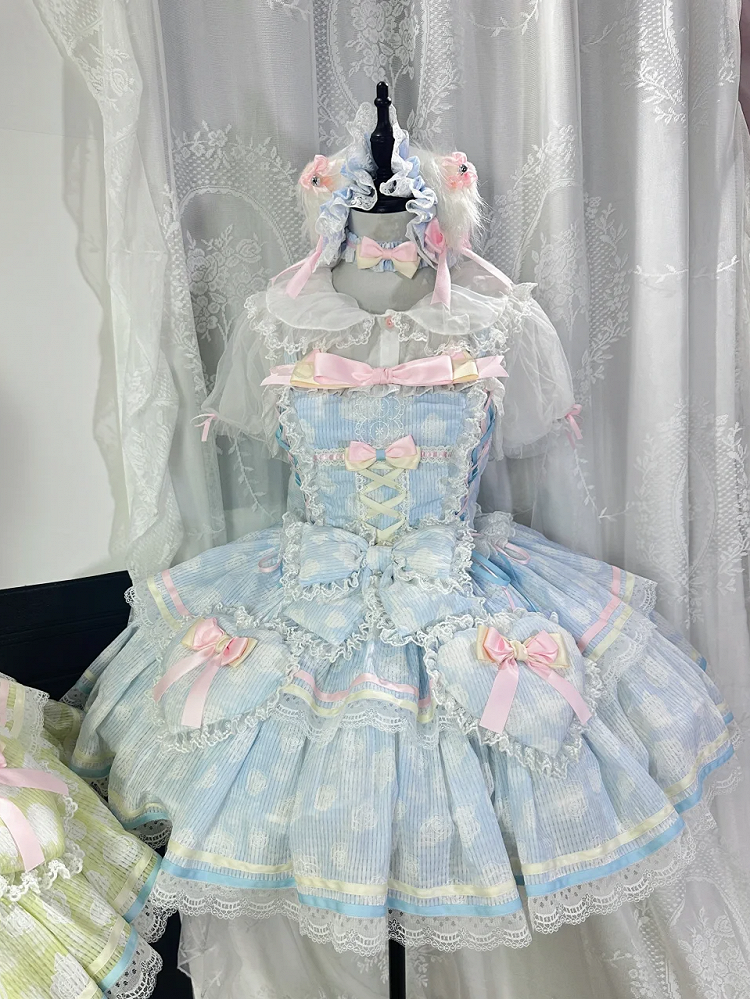 Fabric Decoration Skirt Rosette Blue Padded Jumper Lolita and Heart Bow