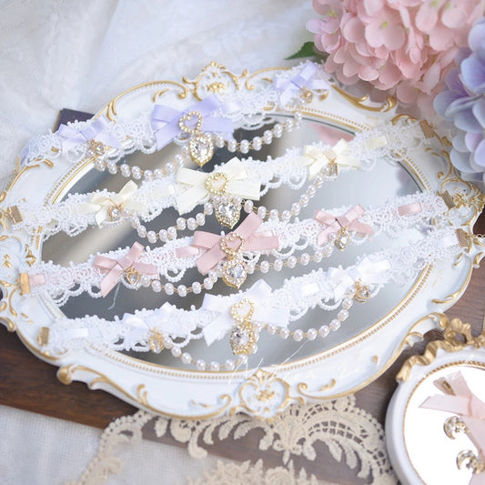 7 and Kei Jirai Beaded Chain Colors Charms Heart Choker Rhinestone Bow with