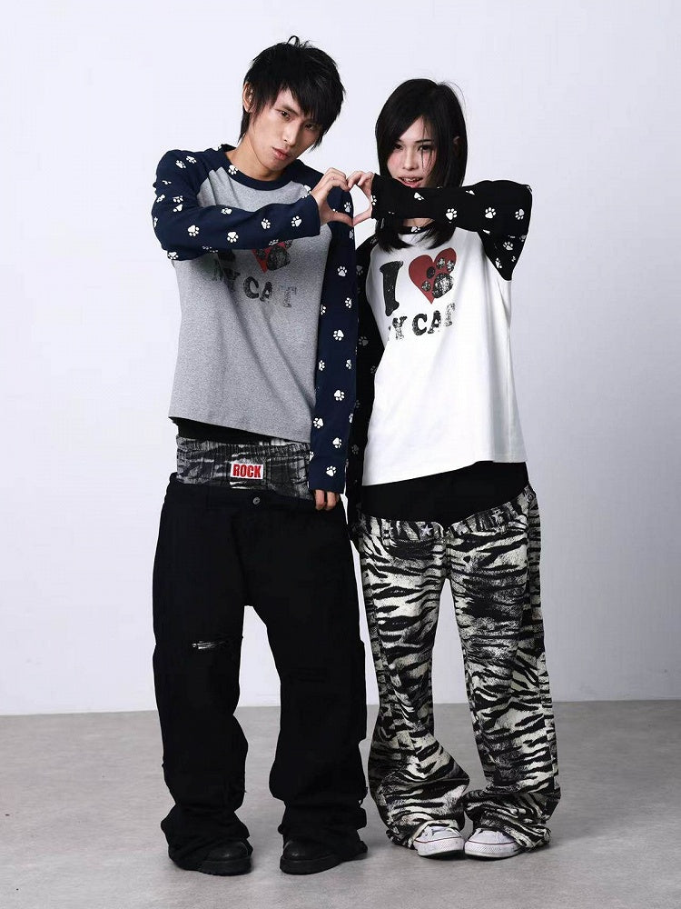 Gray & Black Cat Paw Print Round Neck Long Sleeve Top - DETW OnLine