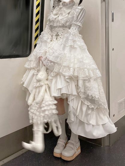 White Gothic Lolita Boned Corset Waist Skirt with Drawstring - Nightingale Girl