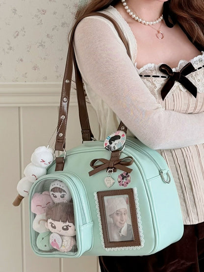 Ita Bow Brown Kawaii PU Mint Hand/Shoulder/Crossbody in Accents Bag Chocolate Daily Green Heart