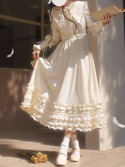 with Floral Cuffs Leg-of-Mutton Collar Vintage Sleeves Apricot Dress Lace-up Embroidery