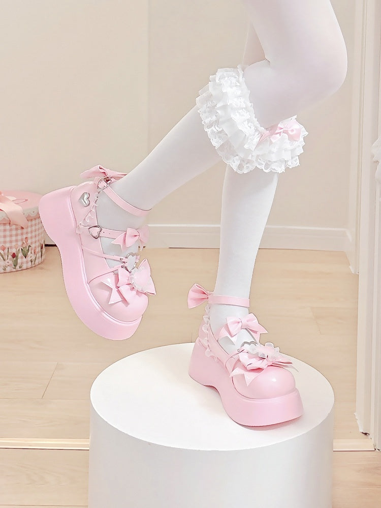 Pink - Lolita Sweet Details Janes Bow Platform Heart PU Mary Trim Lace with Accents