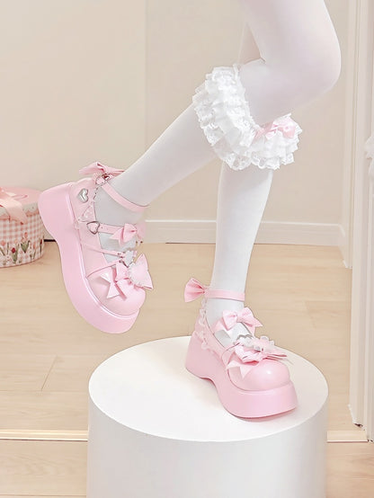 Pink - Lolita Sweet Details Janes Bow Platform Heart PU Mary Trim Lace with Accents