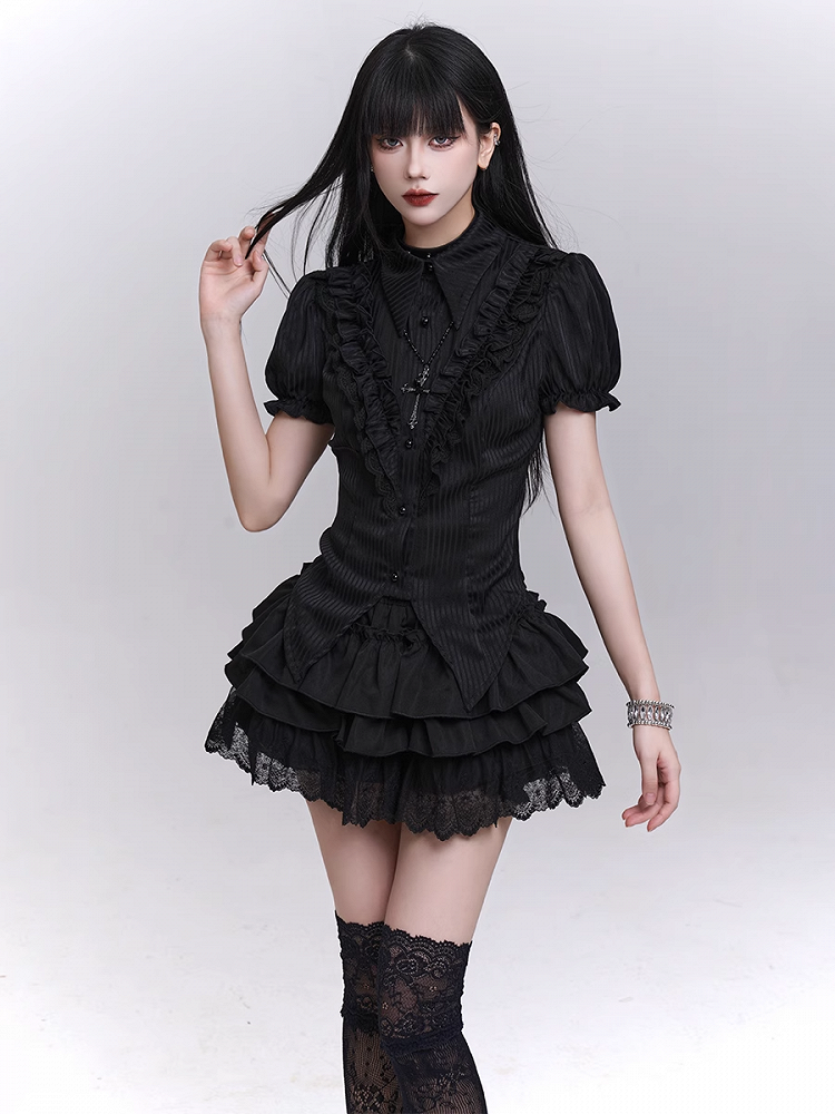 Pointed Flat Collar Curved Hem Gothic Puff Sleeves Blouse Pattern Black Striped