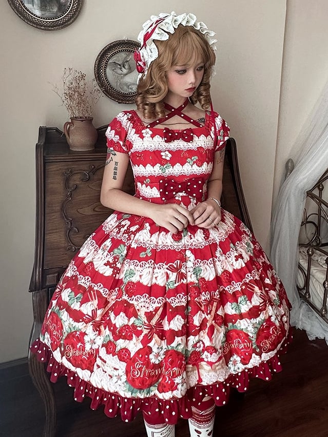 Süßes Lolita-Kleid mit hoher Taille und roten Erdbeeren