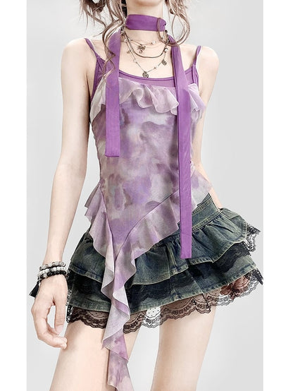 Lila Saum Asymmetrische Rüschen Top Design Dye + Tie Cami Schal Y2K Trim