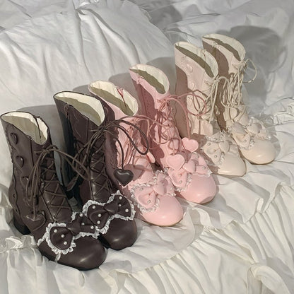 Heart Bow Hybrid Details Mid System in Block Closure Heel Boots Top Brown Beadwork Elegant Lolita PU with