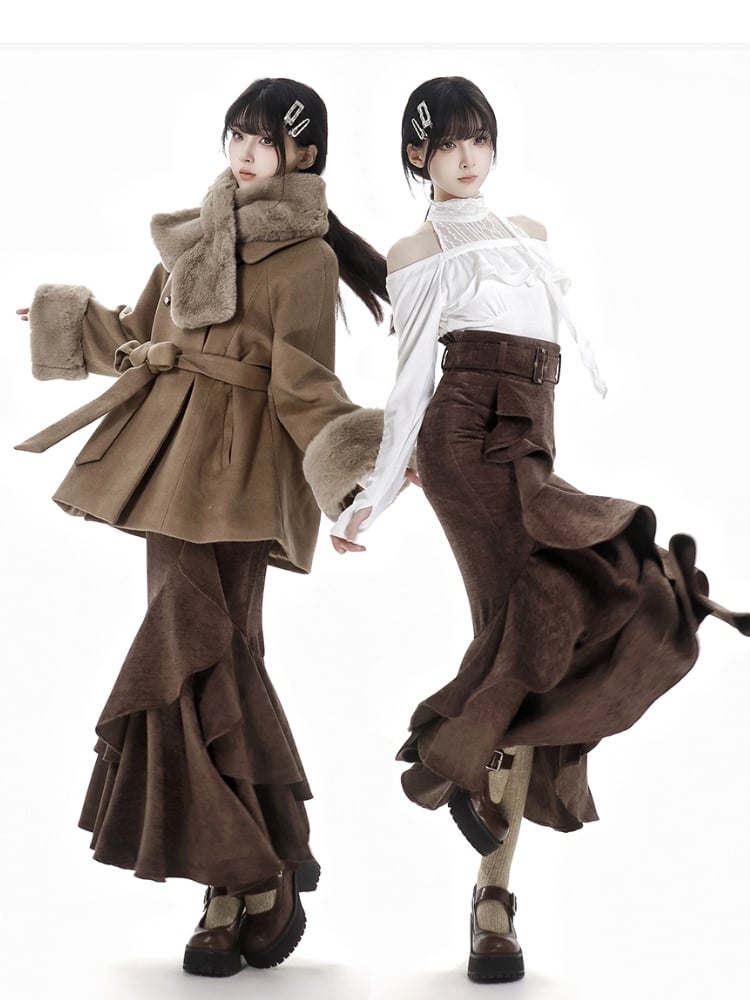 Coffee High-Waisted Mermaid Skirt with Flounce Hem