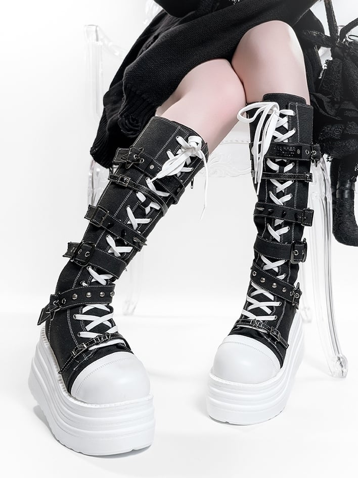 Y2K Canvas Punk Buckle - Black Platform Knee-Highs