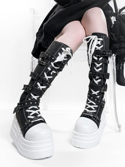 Y2K Canvas Punk Buckle - Black Platform Knee-Highs