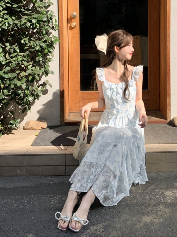 Sleeves Cascading Ruffle Accents Floral Sleeveless Dress Light Blue Flutter