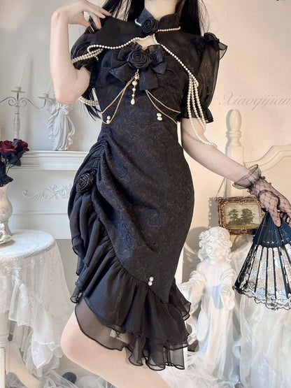 Perlen-Jacquard-Rüsche, Kamelie, Schwarz, Lolita, Meerjungfrau, Dekorationsdetail, JSK, Rosensaum