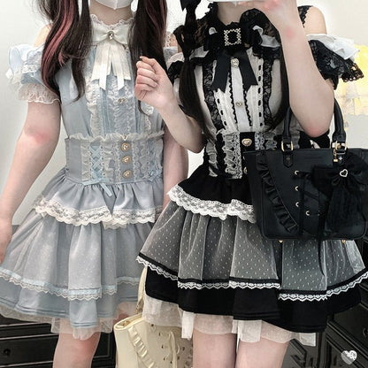 Jirai Kei Black/White/Red/Light Open Shoulder Sweetheart Blue