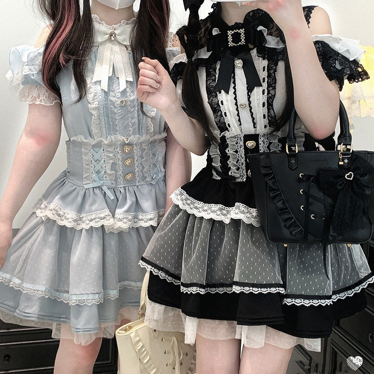 Jirai Kei Black/White/Red/Light Buttons Blue Open Shoulder Sweetheart Lace Trim Blouse