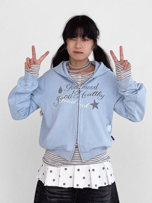 with Faded Blue Two-way Letter Hooded Light Zip Placket - Jacket Wash