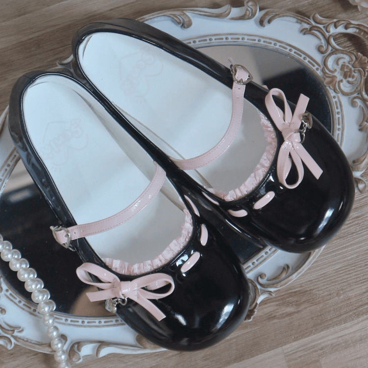 Trim Janes Bow Round Lace Knotted Mary Black Toe Flat Accents Pink