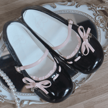 Trim Janes Bow Round Lace Knotted Mary Black Toe Flat Accents Pink