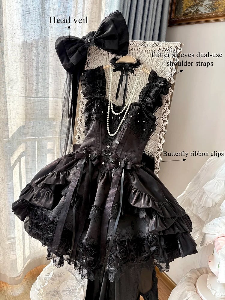 Jacquard Waist Blooming Lolita Basque Flower Accents Lace Hime Black Layered Fluffy Dress with