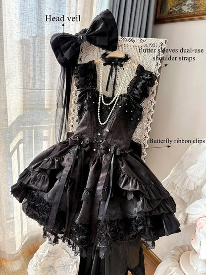Jacquard Waist Blooming Lolita Basque Flower Accents Lace Hime Black Layered Fluffy Dress with