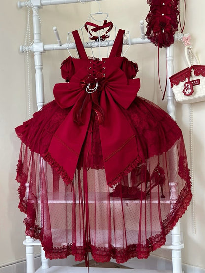 ウエストフラワーバスク裾フェアリースカートドレスジャンパーティアードレッドロリータ花嫁