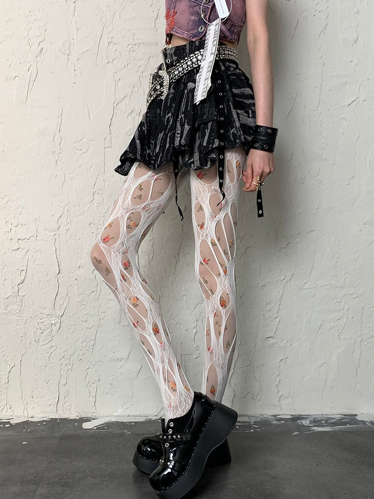 Cut-out Floral Design Y2K + Tights White Pattern