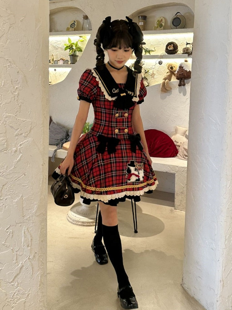 Trim Lace Black Red Sweet Plaid Lolita Dress with Patch Puppy and