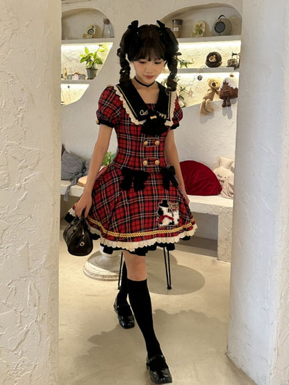 Trim Lace Black Red Sweet Plaid Lolita Dress with Patch Puppy and