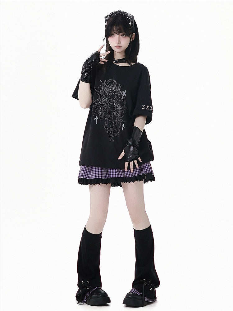 Print T-Shirt Angel Black Round Neck Reflective Cyber