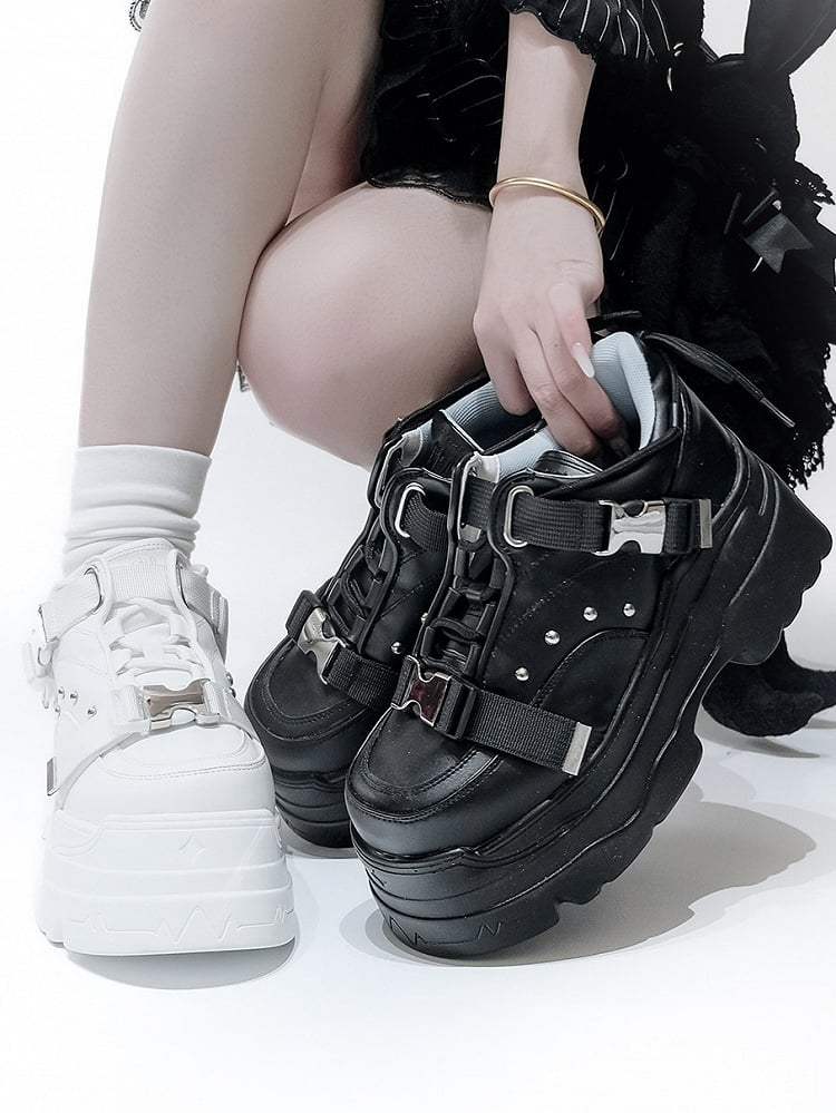 Buckle Platform Side Sneakers System Matte Release Techwear Black with Details Lace-Up PU - Stud