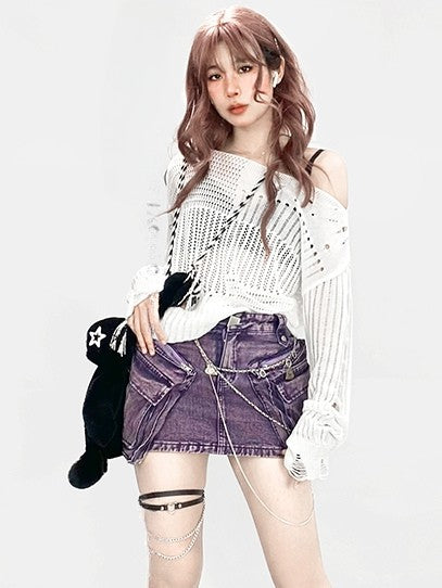 White Y2K Sun-Protective Long Sleeve Top with Asymmetrical Shoulder Design