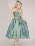 Fairy Oil Tiered Flounce Hem Halter Boned Corset Top Green Painting Print