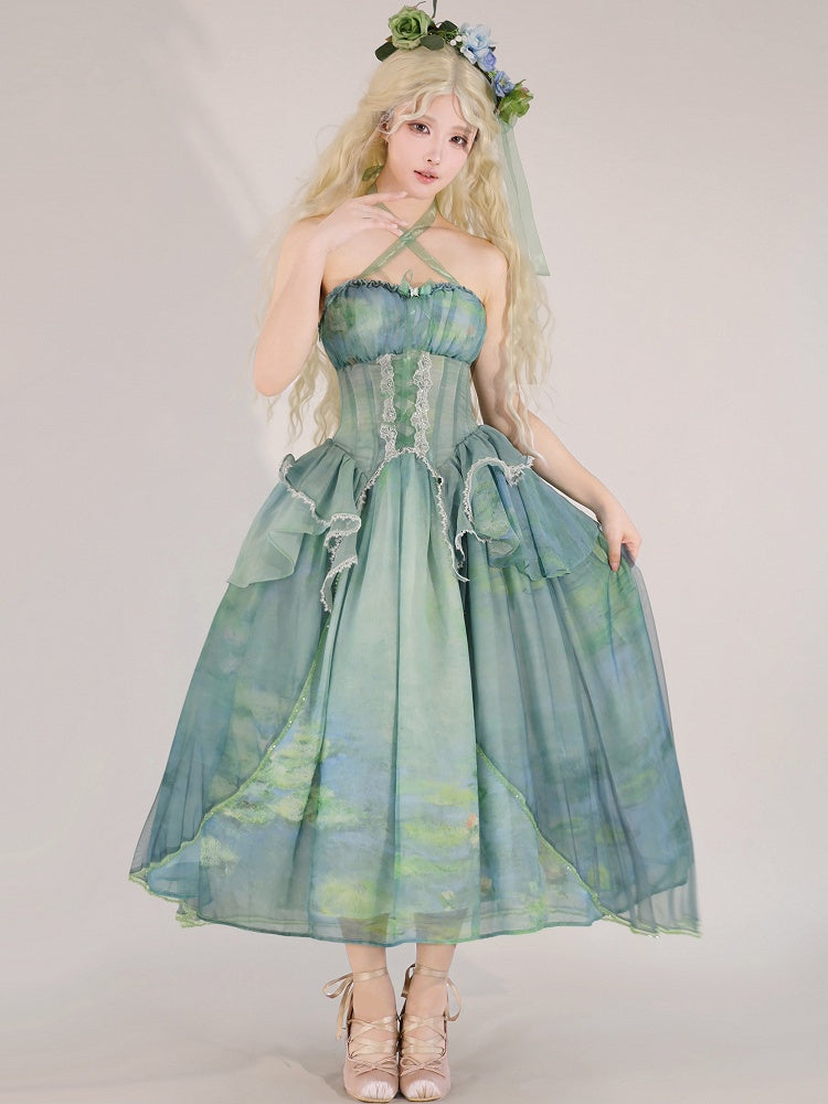 Fairy Oil Stufenvolant Saum Neckholder Korsett Top mit Stäbchen Grün Gemälde Druck