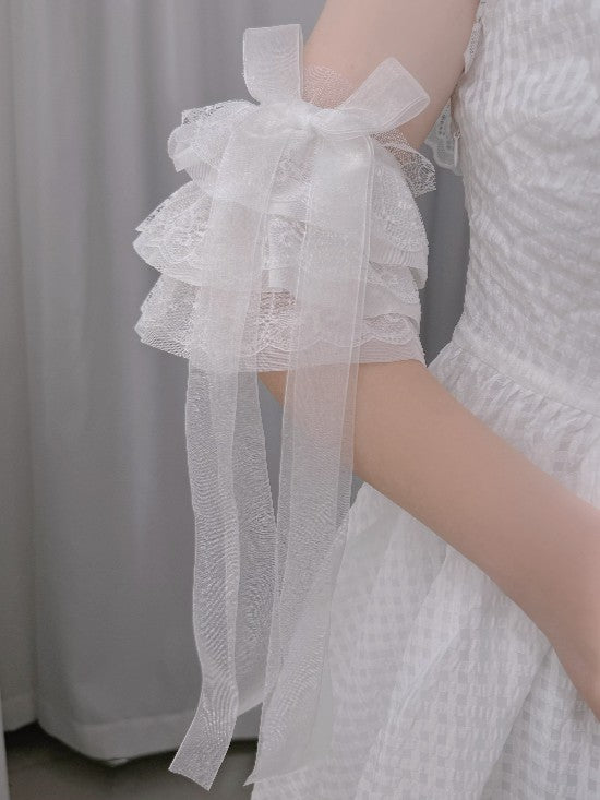 Ribbon with Layered White Bow Lace Cuffs Wrist