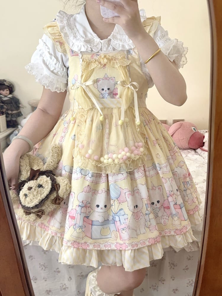 Kleid Süße Gelbe Overall Lolita Kitty Polka Muster Druck Punkte und