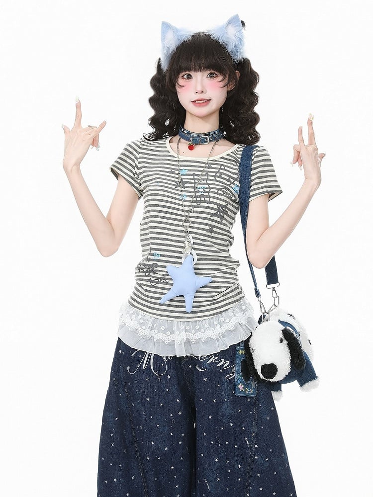 Striped Gray & Kitty Print Lace-Trimmed Blouse - Languid Park